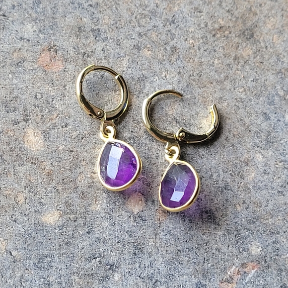 18k Gold Plated Amythest Teardrop Earrings - Picture 5 of 6